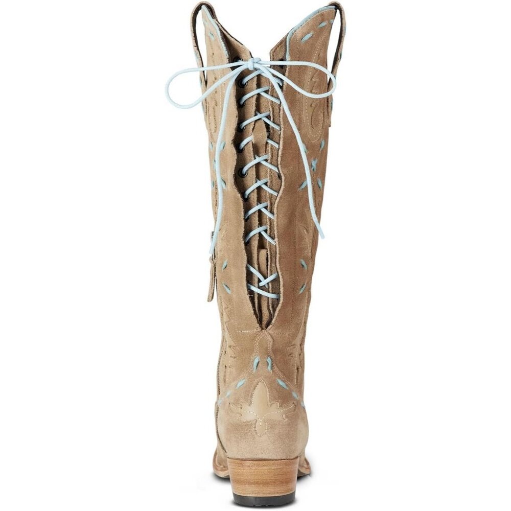 Women's Back Lace Chunky Heel Western Side Zipper Embroidered Brown Boots - Picture 6 of 7